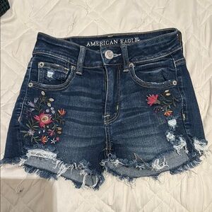 American Eagle Outfitters Blue Distressed Jean Shorts with Floral Embroidery